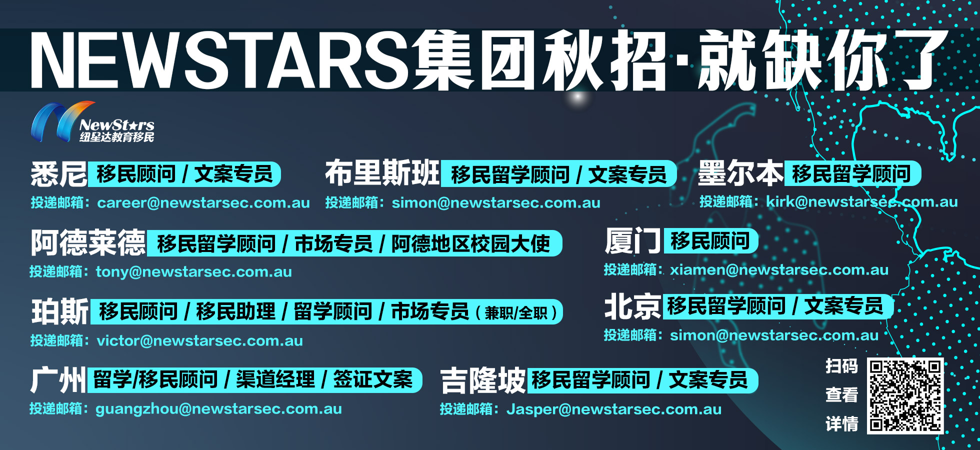 NewStars教育移民全集团，秋季招聘来袭！完善薪酬+全方位培训+广阔平台，就缺你了！