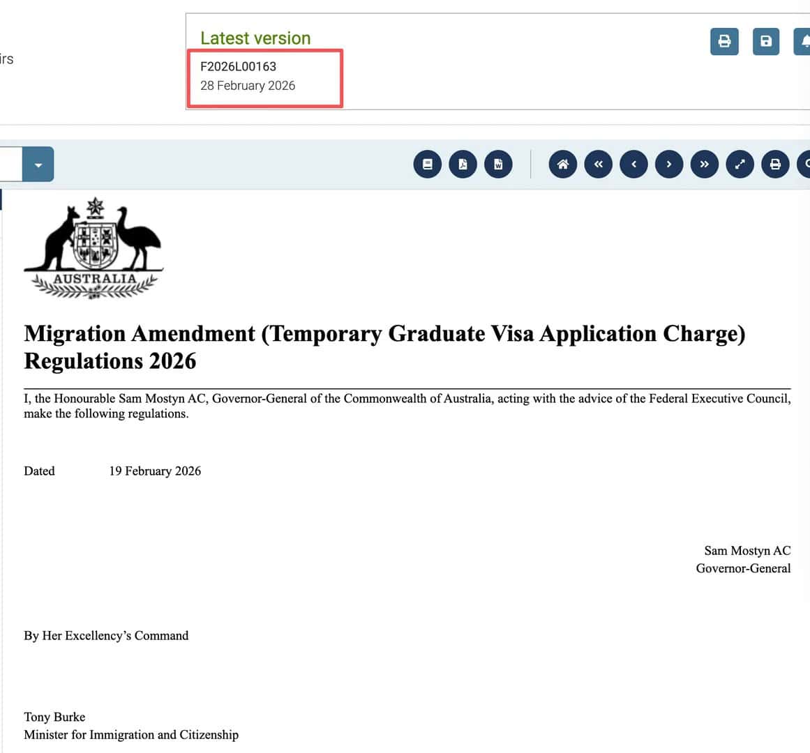 Screenshot 1 of legislation on Subclass 485 visa application fee