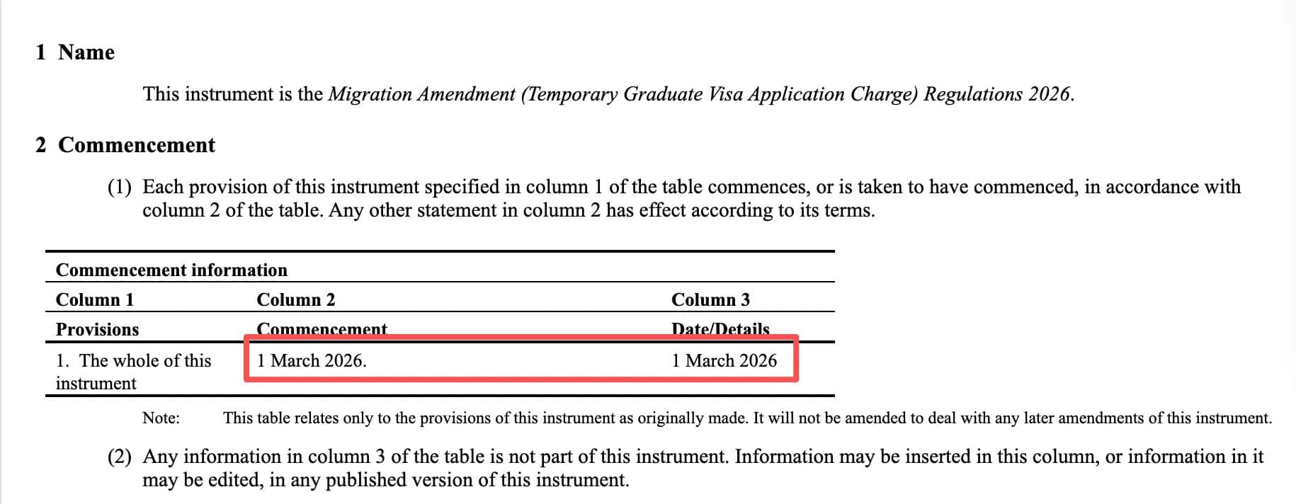 Screenshot 2 of legislation on Subclass 485 visa application fee