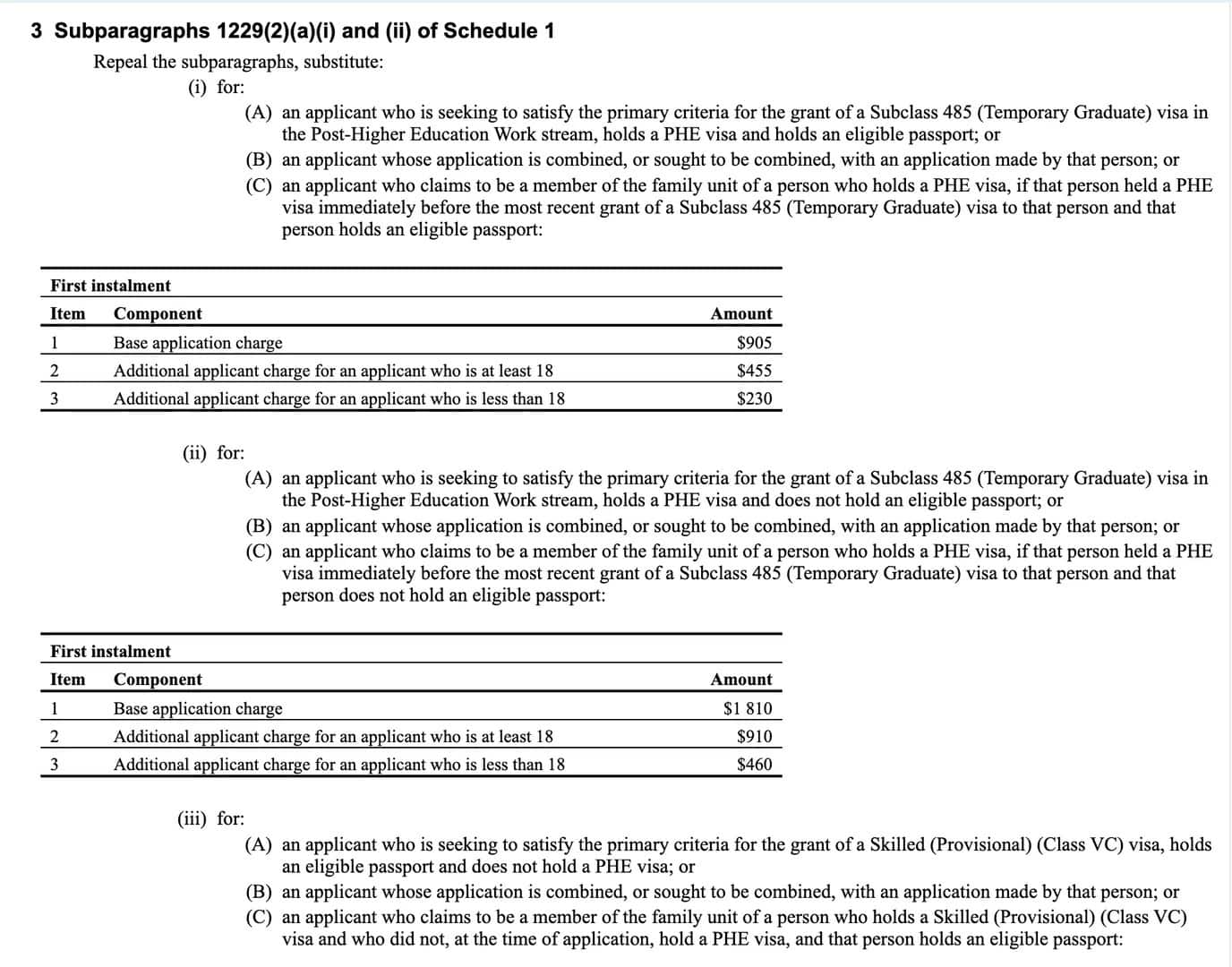Screenshot of standard second Subclass 485 visa extension
