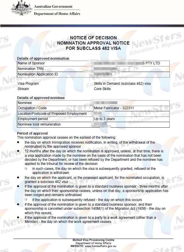 482雇主担保SID岗位提名获批 - 视觉证据 1 (NOTICE OF DECISION NOMINATION APPROVAL NOTICE FOR SUBCLASS 482 VISA)