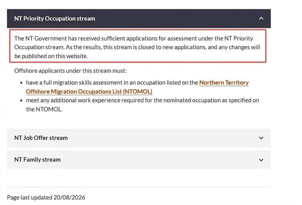 NT 北领地 2026‑27 州担保，境外 Priority 优先职业通道暂停接收新申请官方截图