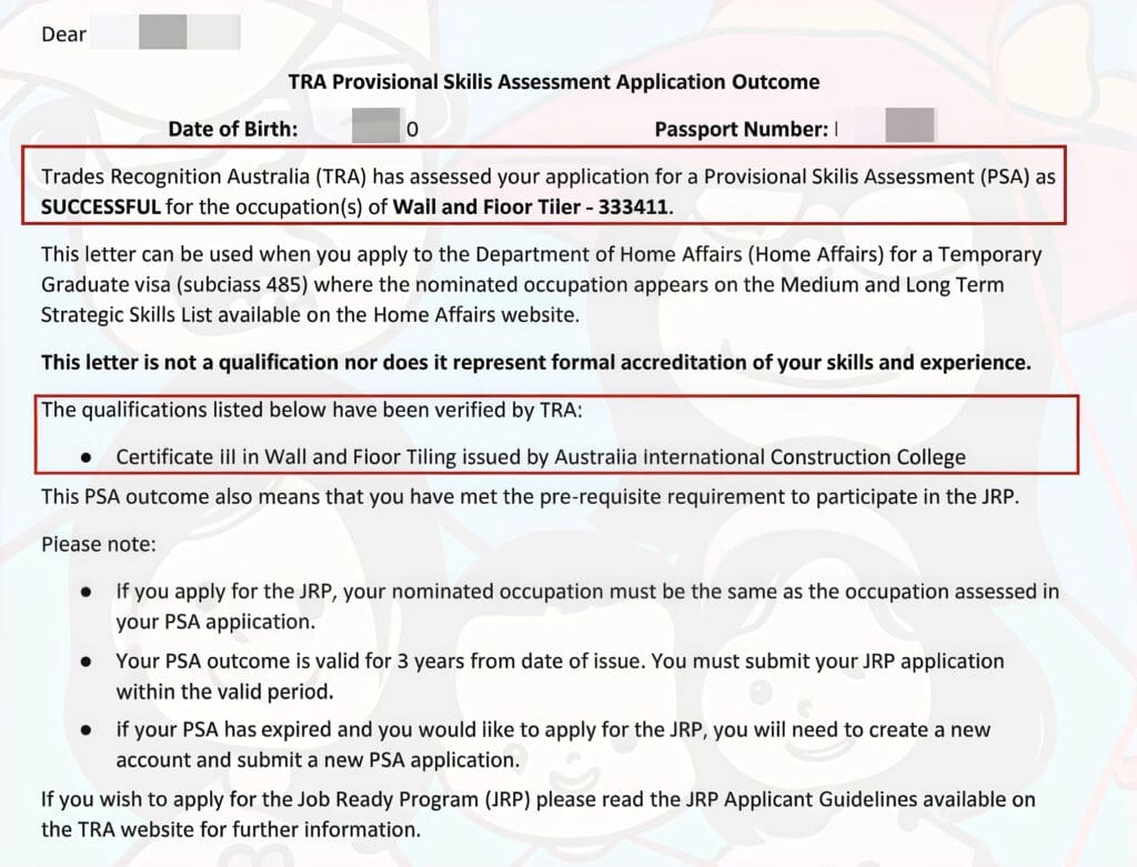 TRA 瓷砖工 PSA 预评估成功信，机械工程师就读 Fast Track 半年瓷砖工课程获批 Wall and Floor Tiler 预评估