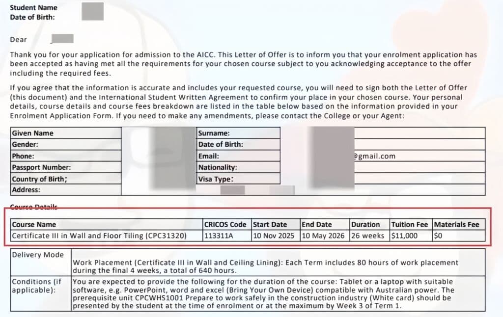 AICC 瓷砖工三级证书录取信，26 周 Fast Track 墙地瓷砖工课程开课信息
