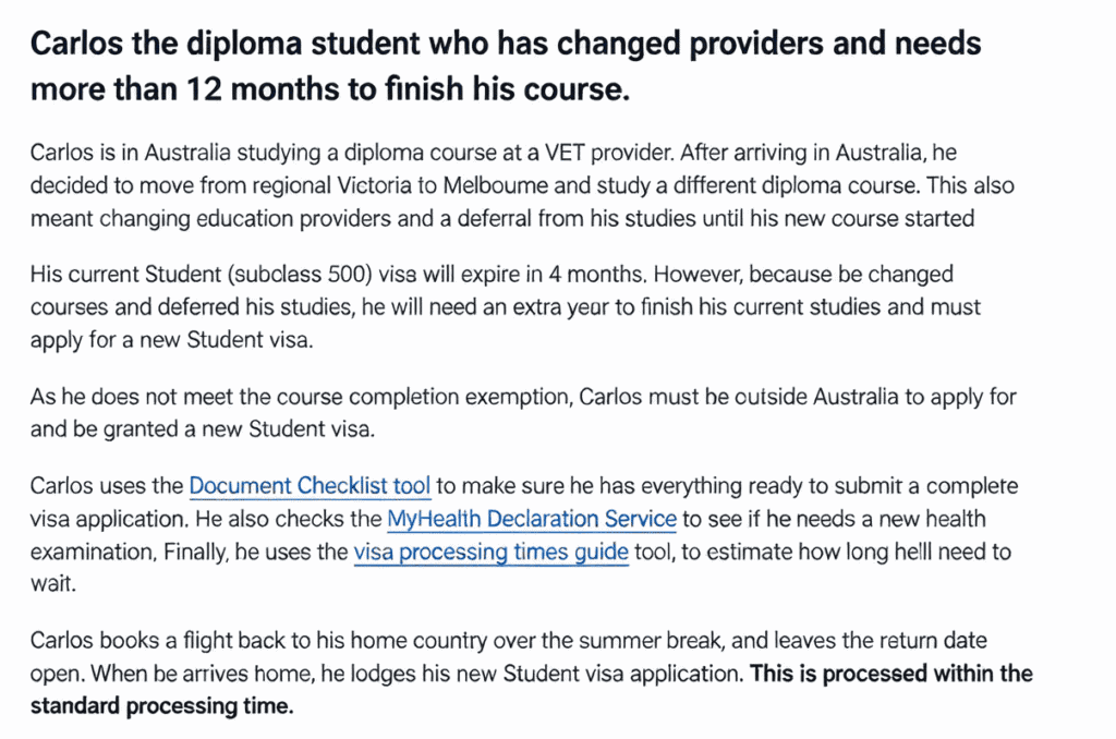 澳洲学签境外续签官方案例,Diploma 学生 Carlos 转校换课延期只能按标准审理